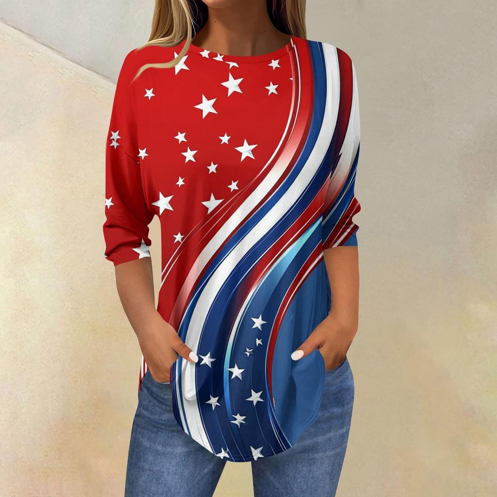 3/4 Length Sleeve Womens Tops Summer T-Shirts Print O Neck Casual Basic Tee Button Shirts Tunic Tops