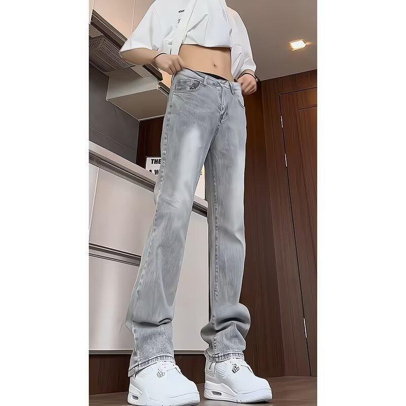 Cement smoke gray jeans men's spring and summer tide brand American retro high street vibe straight micro-pull versatile pants