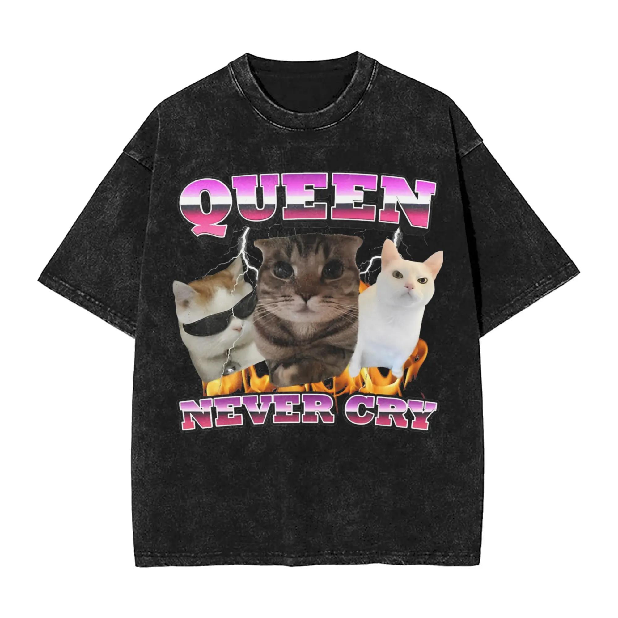 Man T-Shirt Queen Never Cry Washed T-Shirts Novelty Funny Cat Meme Beach Tee Shirt Y2K Retro Print Cotton Clothing Gift Idea S разноцветный