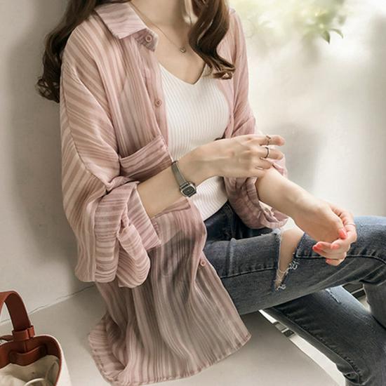 2022 Korean Lantern Sleeve Striped Chiffon Cardigan Jacket