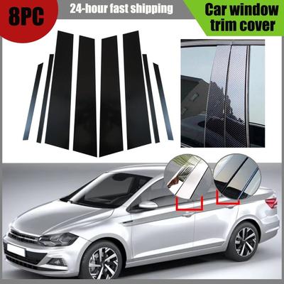 Passend für Volkswagen Polo Limousine - Glänzend Schwarz Silbernes Carbon Säulenverkleidungen Säule B C Aufkleber Fenster Tür Seitenverkleidung Zierleiste
