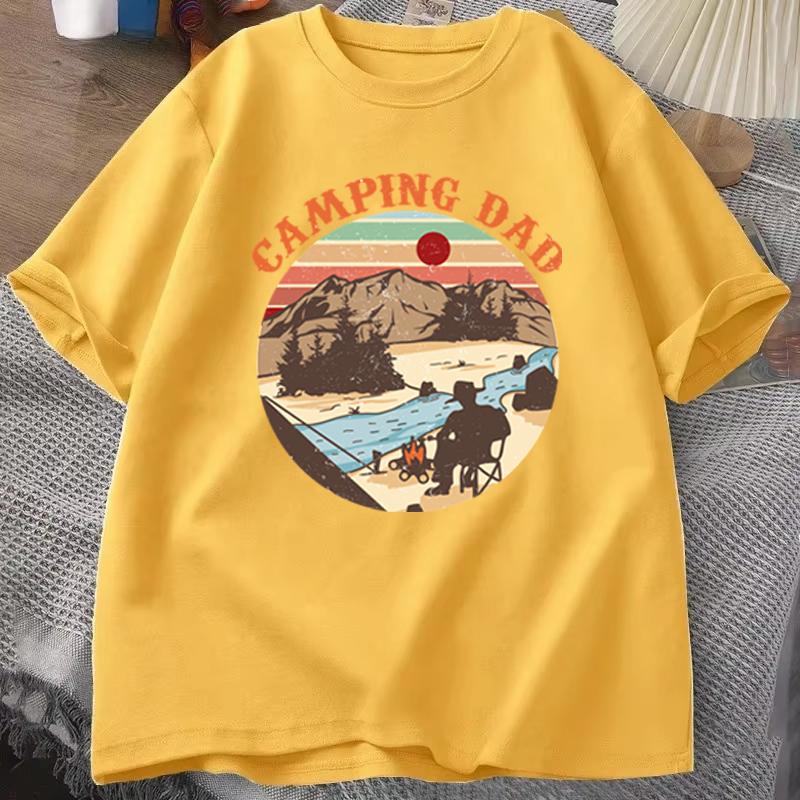Outdoor Camping Dad T‑shirt "Camping Dad" Vintage Sunset Mountain Design Casual Short Sleeve Mens Tee Fathers Day Gift