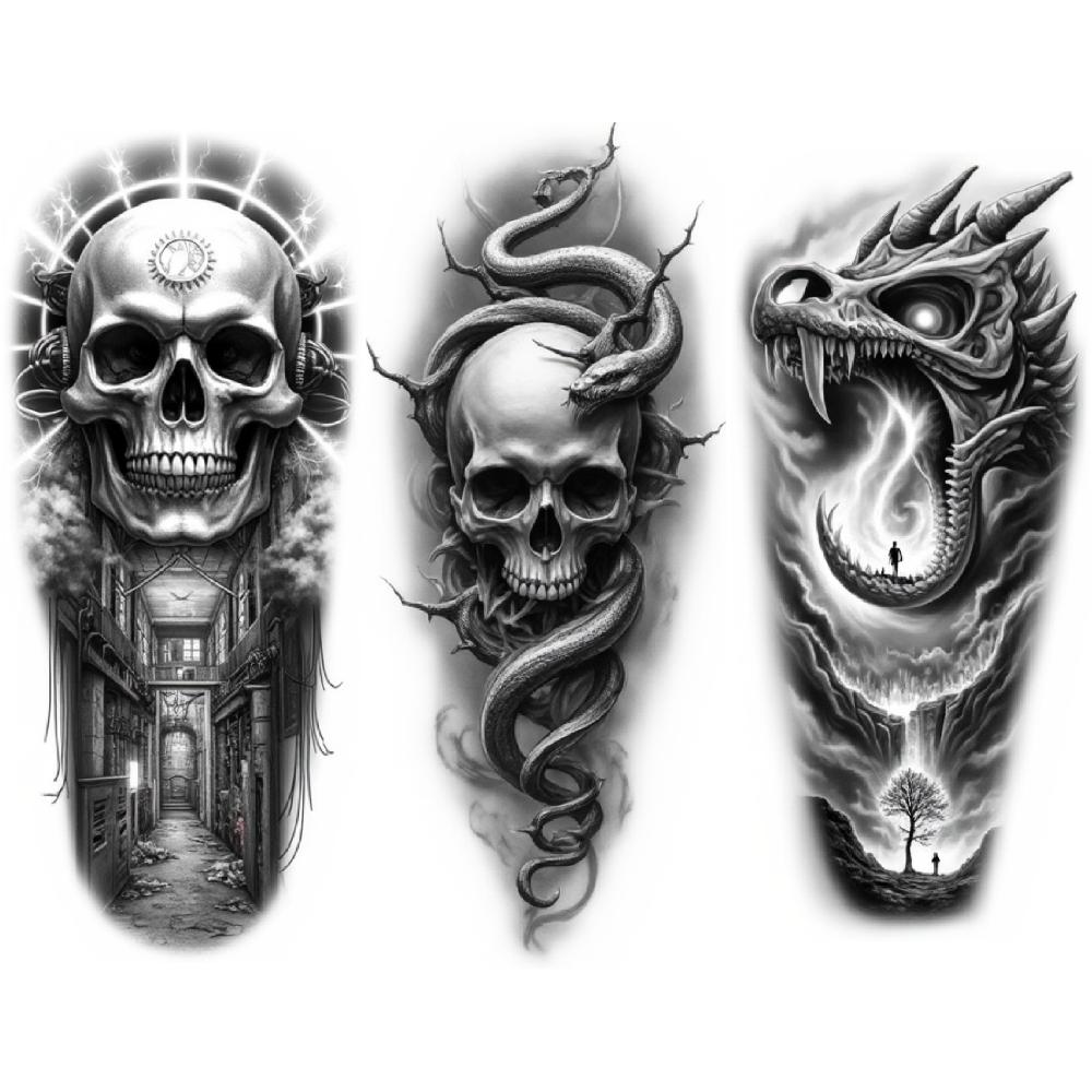 3 Stück Temporäre Tattoos Realistische Temporäre Tattoos Skelett mit Kapuze Spinnenkopf Totenkopf Drachenschädel Für Männer Erwachsene Oberschenkel
