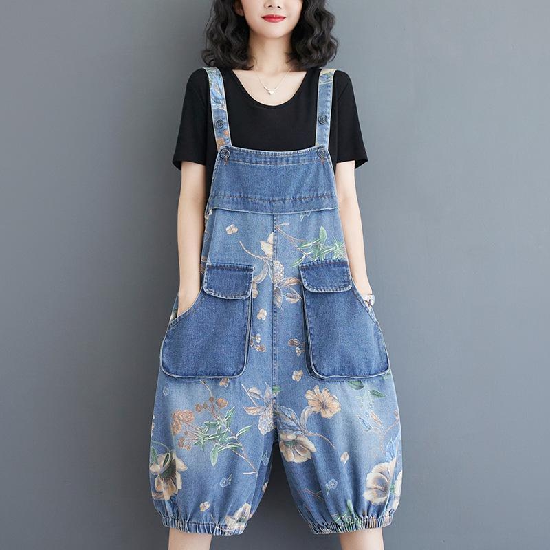 

Летние новые джинсовые комбинезоны с большими карманами и свободным кроем для женщин, винтажные с принтом, больших размеров, длиной выше колена S синий