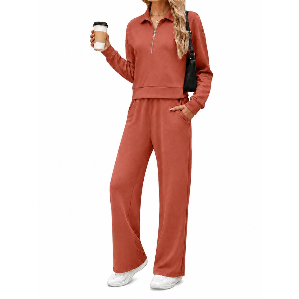 Women's Casual Half Zip Hoodie with Collar and Wide Leg Pants Set