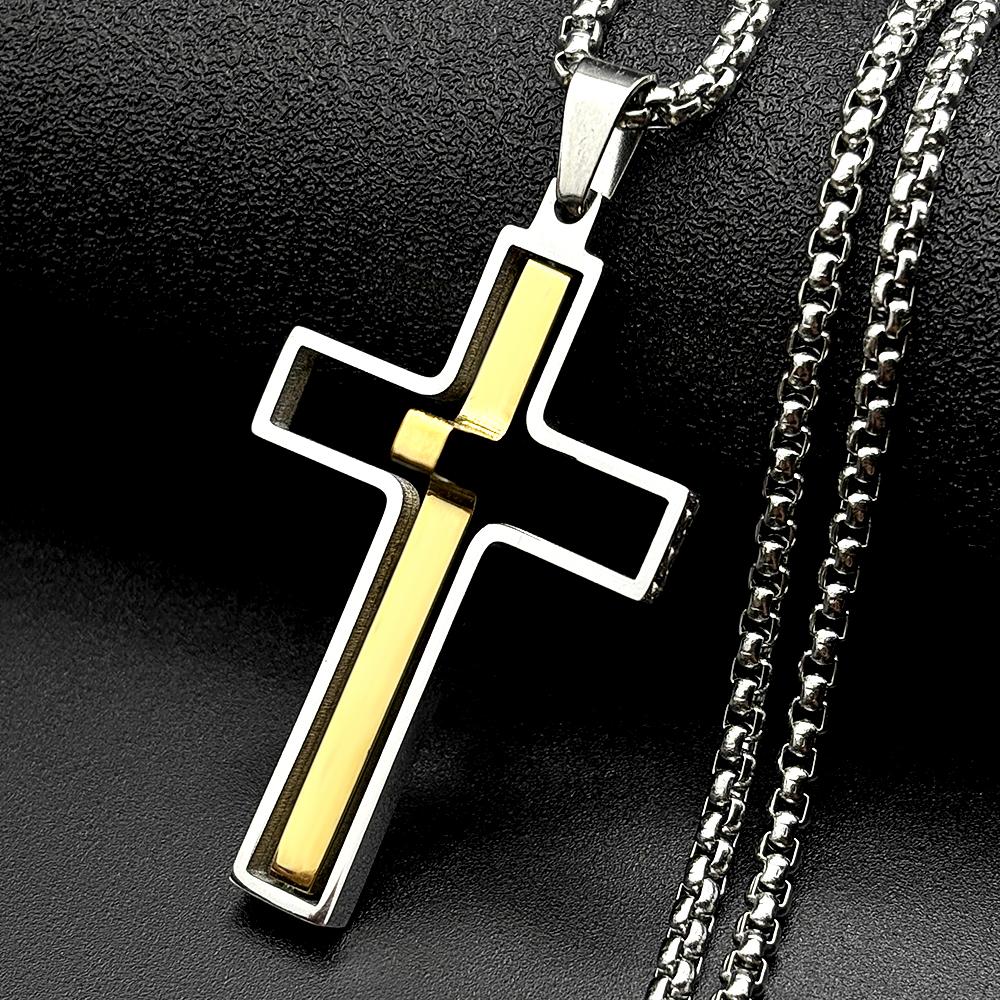 Christian Two-Tone Double Rotatable Cross Stainless Steel Jesus Amulet Pendant Necklace for Women Men Gold Color Chain Jewelry