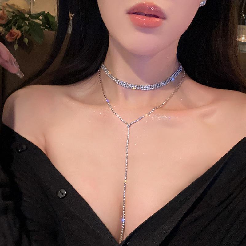 Light Luxury Niche Tassel Flash Diamond Necklace Internet Celebrity Choker Collarbone Chain 2025 New Neck Chain