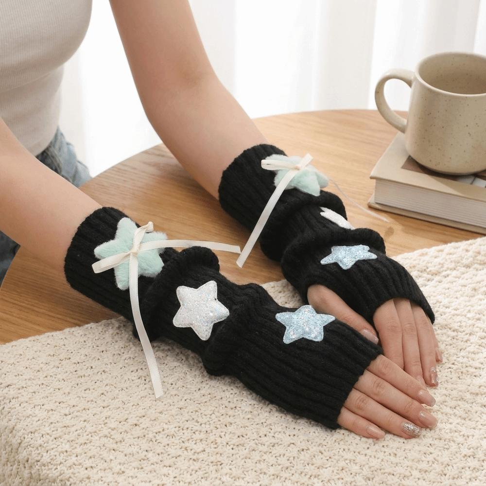 Plüsch Weiche Gestrickte Armstulpen Pailletten Stern Verziert Halbfingerhandschuhe Herbst Winter