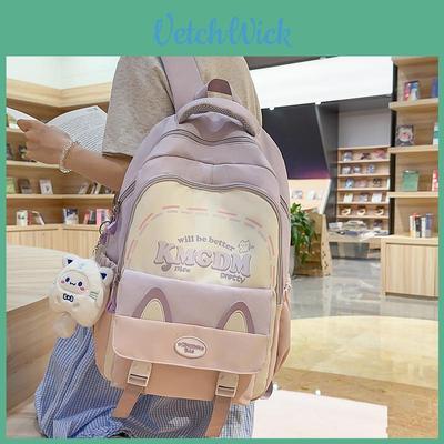 Letter Printed Cat Ears Design Student Backpack With Pendant For Daily Use