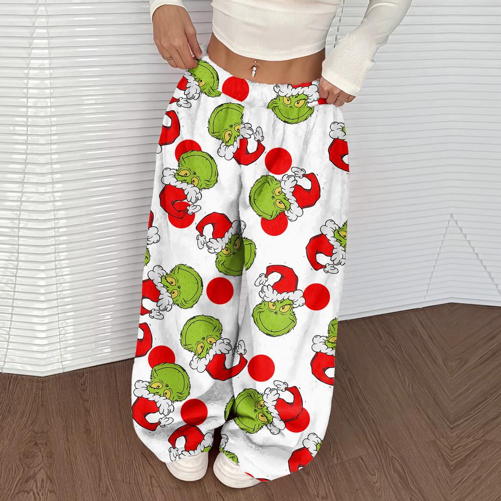 Women's Casual Christmas Print Elastic Waist Loose Fit With Plush Wide Leg Pants