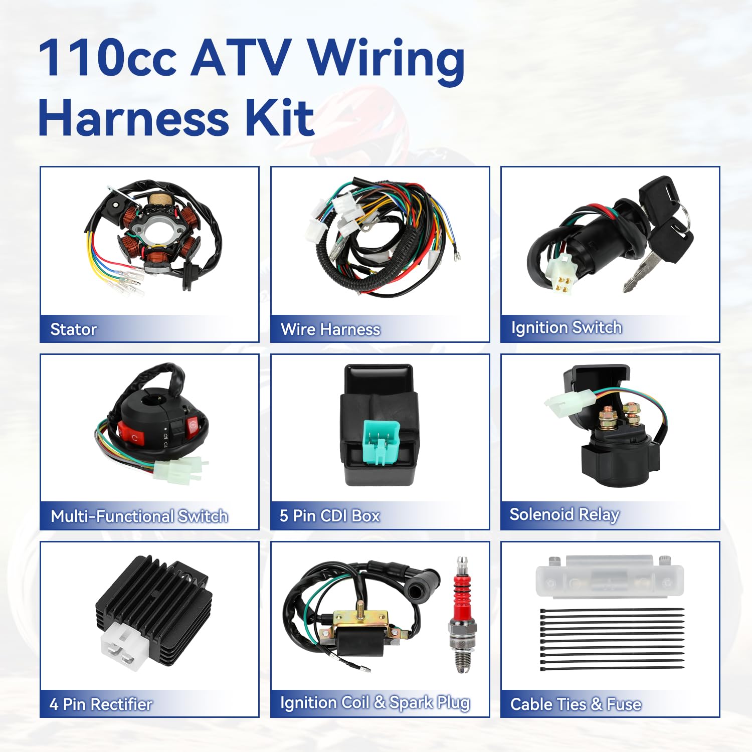 Complete Wiring Harness Kit Compatible with Tao tao Coolster 125cc 110cc Chinese ATV Quad 4 Wheeler 4 Stroke Parts with Ignition Coil Stator CDI Box
