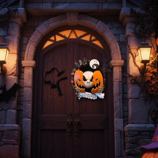 Nightmare Pumpkin Wreath Halloween Gothic Pumpkin Ghost Hanging Door Sign for Front Door Haunted House Decoration
