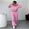 Womens Short Hooded Zip Sweatshirt Set High Waist Pants Solid Color Casual Sportswear