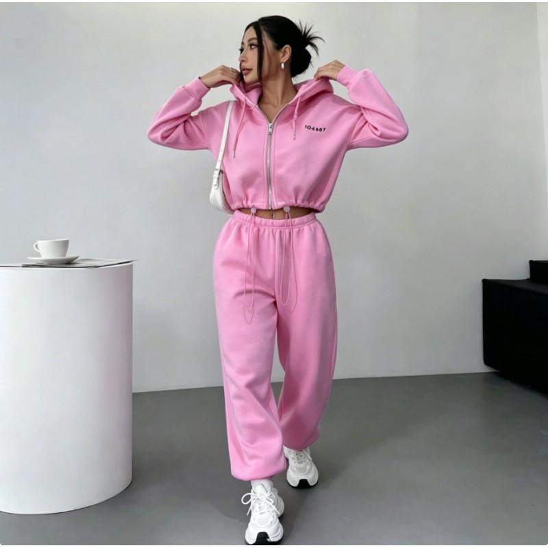 Womens Short Hooded Zip Sweatshirt Set High Waist Pants Solid Color Casual Sportswear