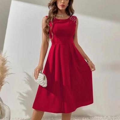 Vestido de Verano Ajustado con Cuello Redondo y Perlas de Burbuja para Mujer Europeo y Americano 2023