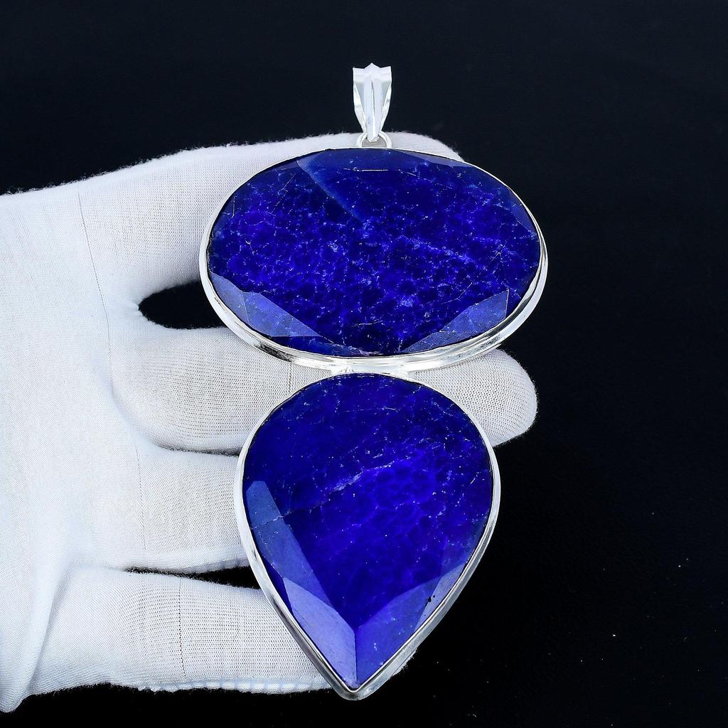 Blauer Saphir Anhänger, 925 Sterlingsilber Handgefertigter Schmuck, Saphir Silber Anhänger, Partyschmuck für Damen, Anhänger Geschenk für Sie