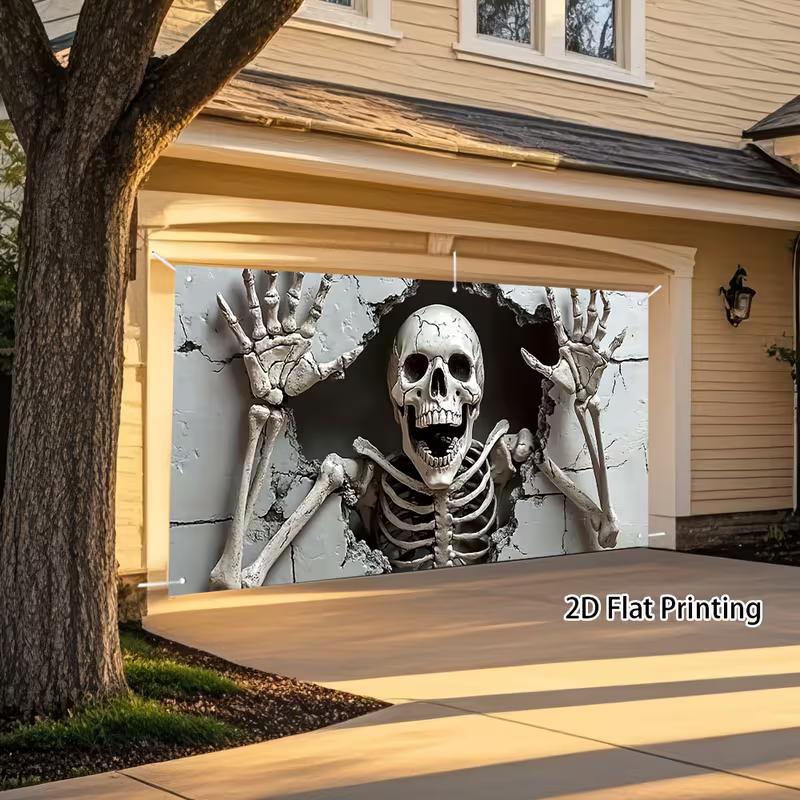 2D Flat Skeleton Breakthrough Garage Banner, Scary Halloween Photo Backdrop