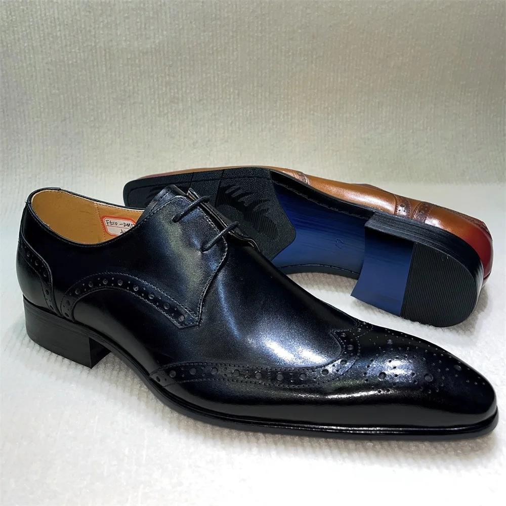 Brown Genuine Leather Brogue Shoes Handmade Casual Oxfords Breathable Lace-Up Dress Shoes Spring Autumn Size 39-46