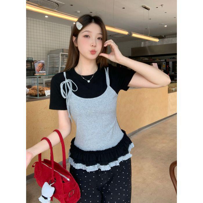 Contrast Stitch Bow Ribbon Suspender Mock Two-Piece T-Shirt with Ruffled Edges