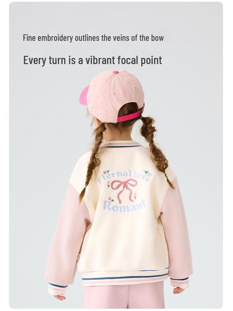 Girls' Cartoon Baseball Jacket: Warm, Fleece-Lined, Thick Cotton Coat With Stand Collar for Autumn/Winter.