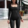 European and American Spring and Autumn Women's Long Sleeved Square Neck Slim Fit Solid Color Base and Hip Lifting Jumpsuit
