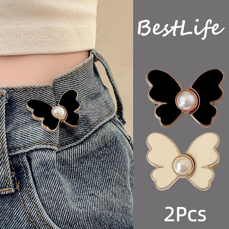 2Pcs Pearl Butterfly Adjustable Pant Waist Tightener Jeans Alloy Button No Sewing Required Easy To Install Accessory Pins