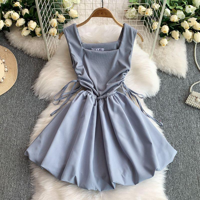 

Hepburn Style Black Square Collar Vest Dress Women Summer New Drawstring Waist Hugging Slimming Puffy Flower Buds Black Dress