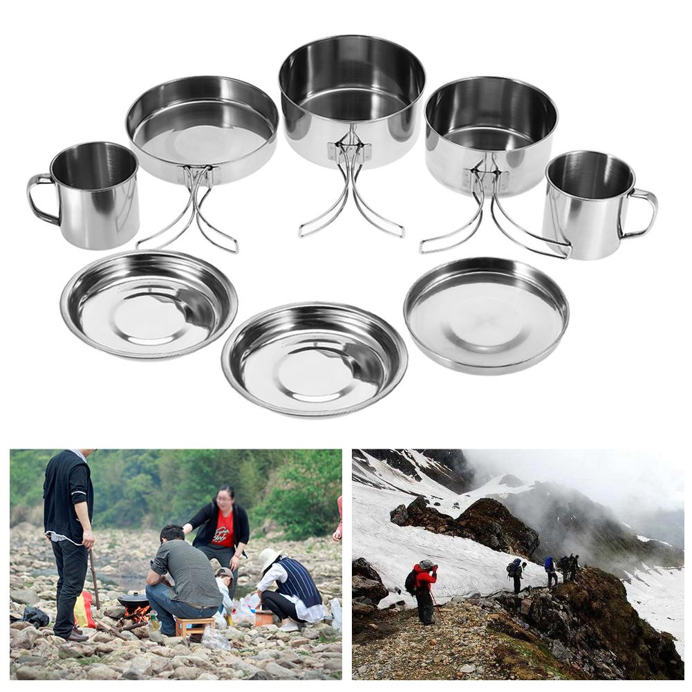 Set 8 Piese Portabil Inox Vase Oală Tigaie Farfurie Cană Set pentru Camping în Aer Liber Picnic