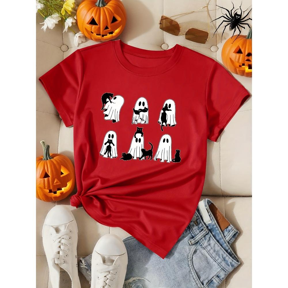 Ladies Halloween Ghost Pattern Casual T-shirt Black Cat Print Summer Sports Short Sleeve Vacation Pretend Fashion Women's Wear