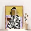 1pc Frameless Abstract Woman Reading and Drinking Coffee Canvas Printing Green Striped Woman Modern Living Room Home Decoration