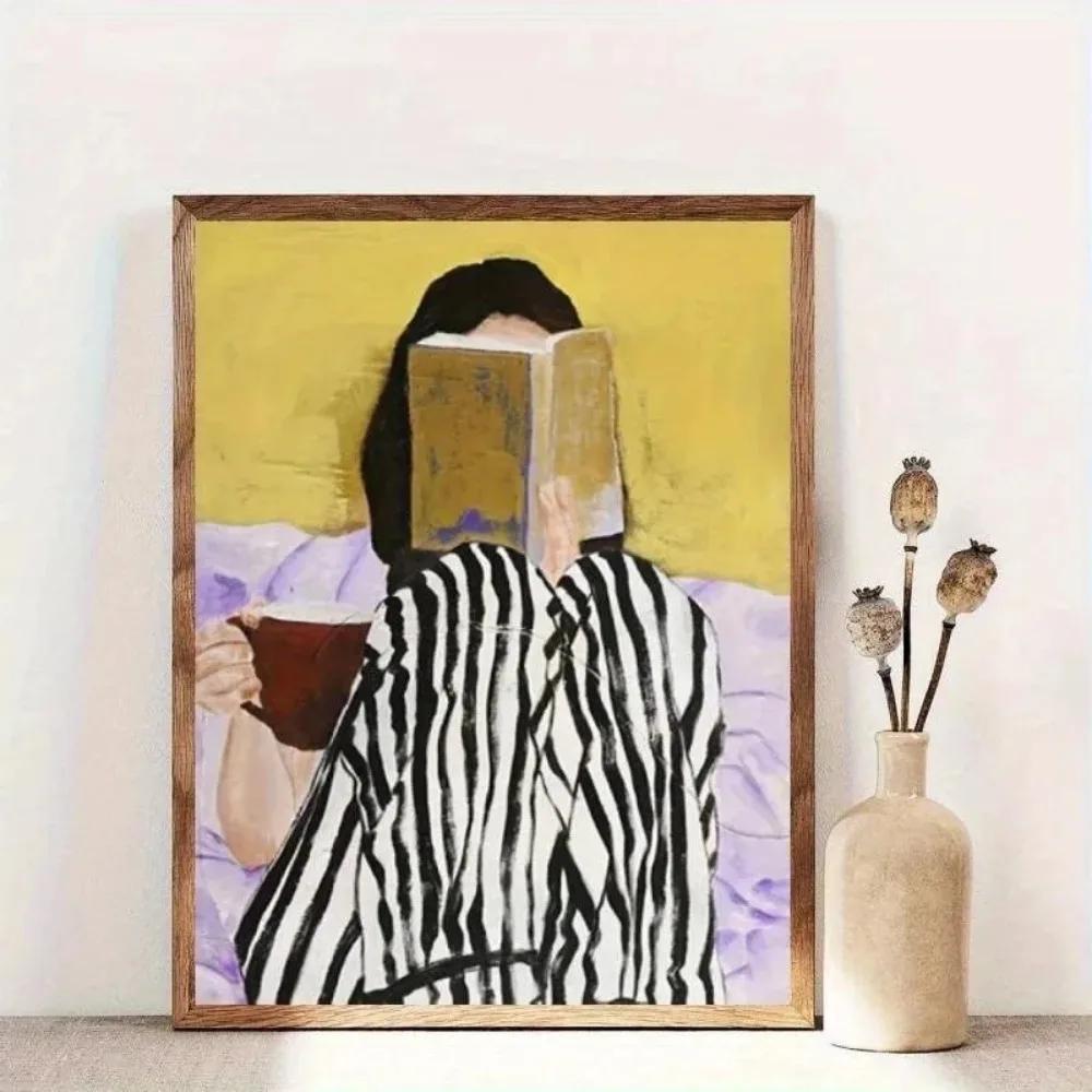1pc Frameless Abstract Woman Reading and Drinking Coffee Canvas Printing Green Striped Woman Modern Living Room Home Decoration