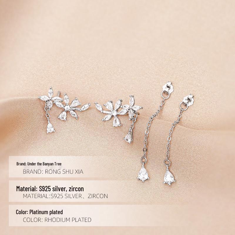 Banyan Tree S925 Silver Tassel Earrings - Elegant Diamond Flower Design for Women