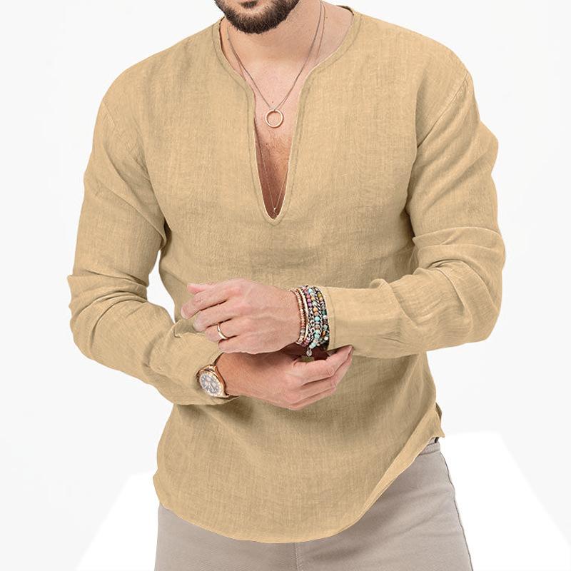 Men Linen Blend Deep V Neck Long Sleeve Casual Loose Fit Solid Color Henley Shirt