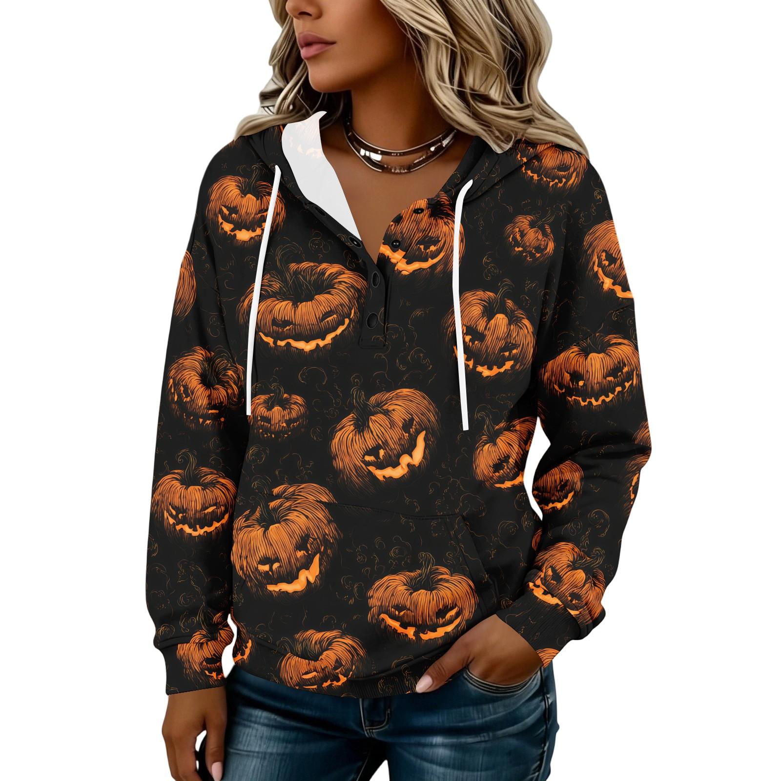 Women s Fashion Button Front Hoodie with Halloween Print Pullover Sweatshirt for Casual Everyday Wear XL