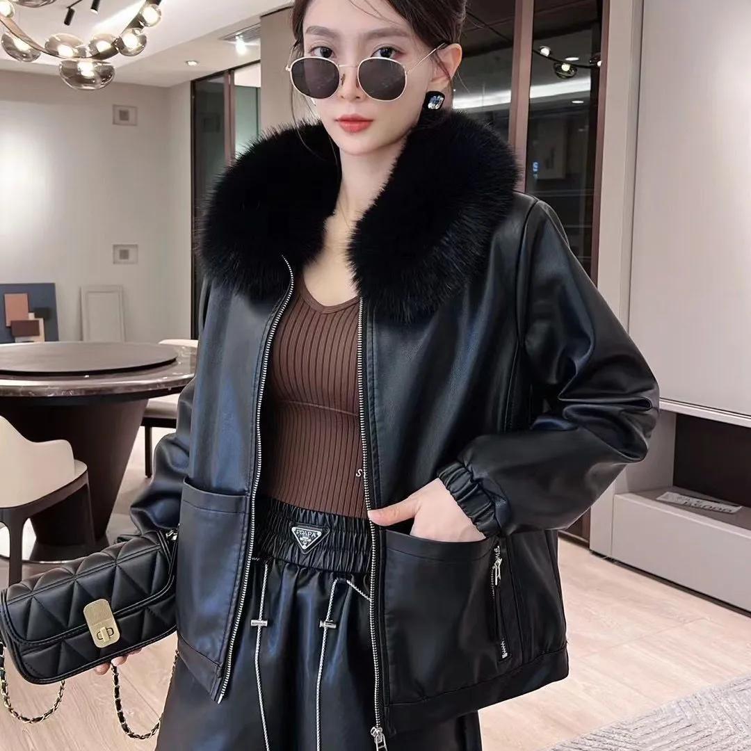 

Зимнее тепло Плюс бархатная толстая кожаная куртка Женская мода Западный стиль Съемный меховой воротник Кожаная куртка Тренд L чёрный