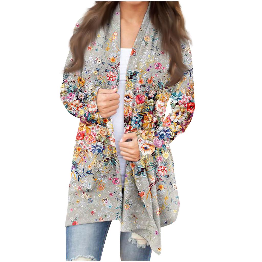 Modischer, lässiger, mittellanger Cardigan-Jackenmantel mit Blumendruck für Damen