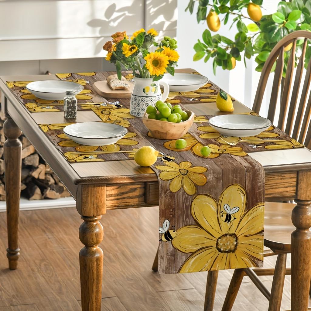 4pcs Wood Bees Flowers Floral Summer Placemats Set of 4,12x18 Inch Seasonal Spring Table Mats for Party Kitchen Dining Decoration