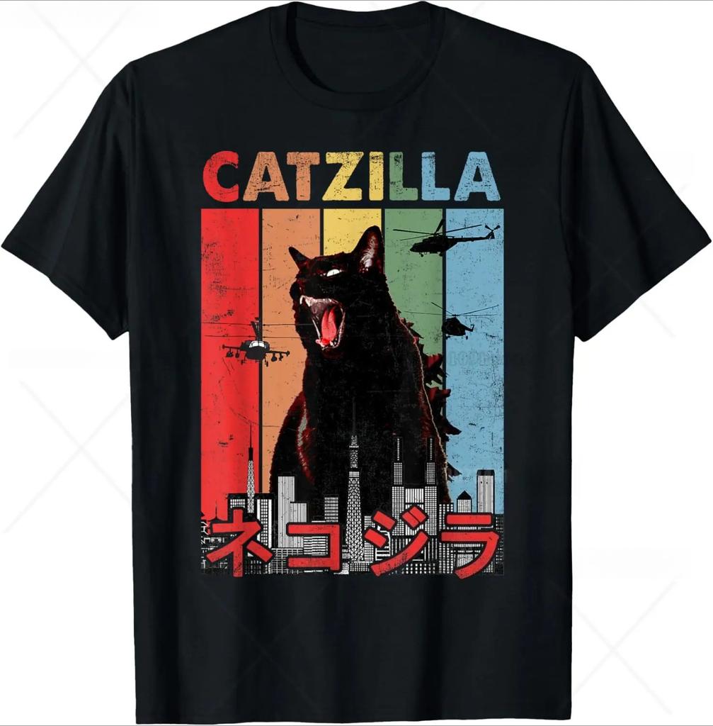 Funny Cartoon Comic Style Japanese Art Catzilla Cat Gifts for Women TShirt Unisex Cotton Oneck Tee Top Fashion Fitness T Shirt