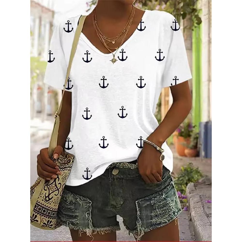 Stripe Printed T-shirt Fashionable Loose Short Sleeved Round Neck Versatile Comfortable Women's V-neck T-shirt