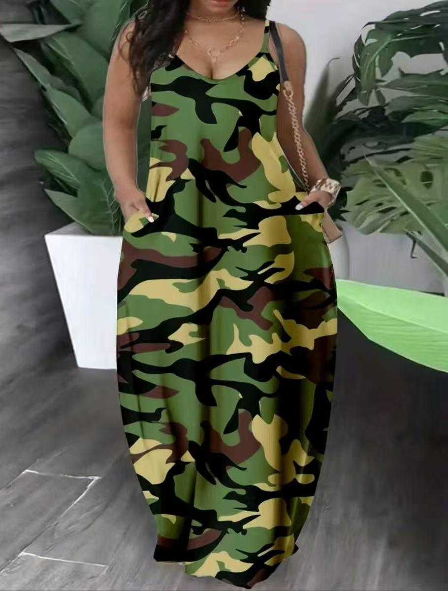 Summer Cool Spaghetti Strap Long Dress - Abstract Camouflage Print, Stylish Streetwear 3XL армия зеленый