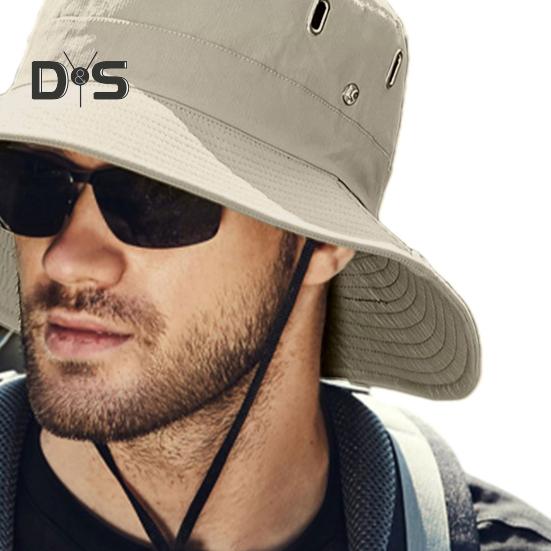 Men Summer Sun Hat Windproof Strap Wide Brim Anti-UV Sun Protection Foldable Portable Gardening Fishing Travel Cap Outdoor Fisherman Hat