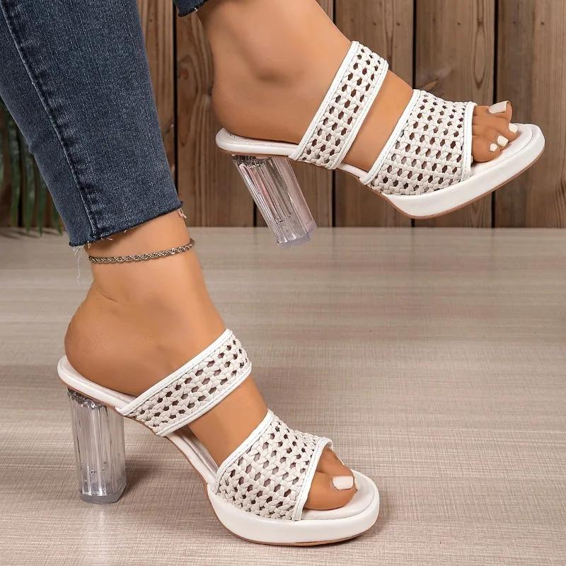 2026Women's High Heels Slippers Crystal Square Round Toe Braided Upper Shoes  Leisure Summer New Breathable Zapatillas De Mujer