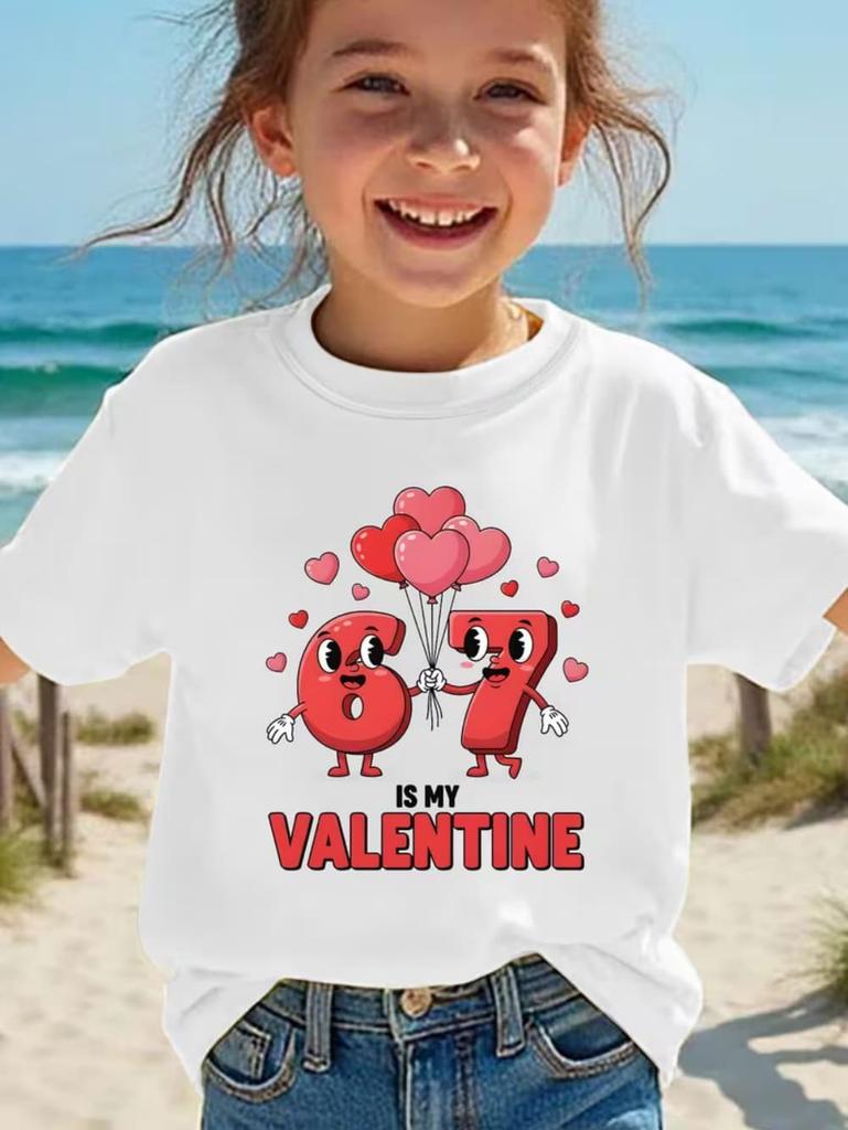 Valentine 67 Six Seven Meme Print T-Shirt 67 Number Round Neck Cute Casual Short Sleeve Comfortable T-Shirt Children's Clothing