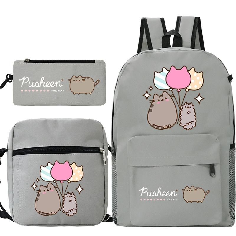 Katze 3-teiliges Set Niedlicher Schulrucksack Schreibwaren Federmäppchen Lässige Umhängetasche für Kinder