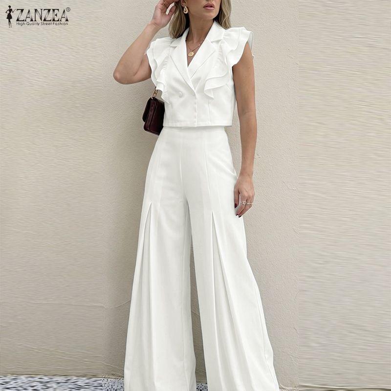 ZANZEA Women Ruffles Sleeveless Blouse With Wide Leg Pants Casual Two Piece Sets