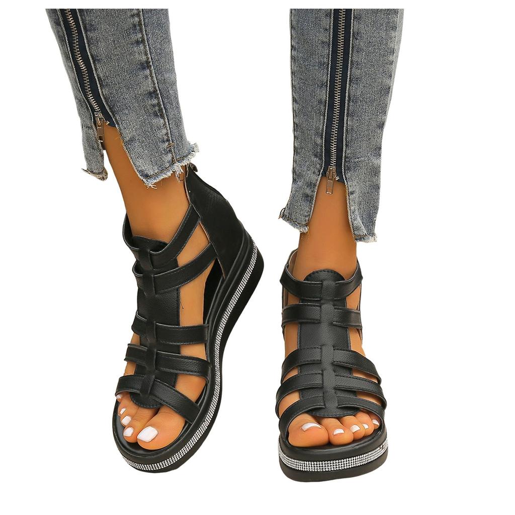 2025 Summer Women's Shoes Fashion Solid Color Multi Strap Combination Thick Bottom Zipper Water Diamond Design Cool Slippers