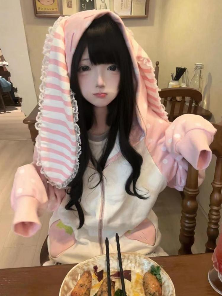 Felpe con Cappuccio Giapponesi Aoaiiys Donna Orecchie da Coniglio Kawaii Capospalla Largo Stampa Pois Fragola Felpa Estetica Autunno Inverno Nuovo
