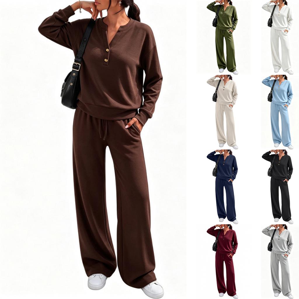 Women's Loose Fit Long Sleeve Top and Wide Leg Pants 2-Piece Tracksuit for Casual Workout
