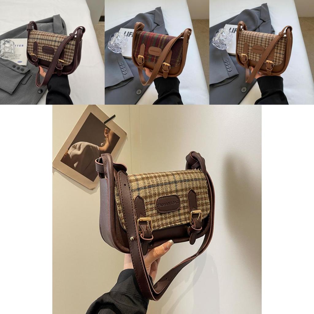 2024 Winter New Plaid Cloth Bag Fashion Casual Shoulder Bag Commuter Simple Crossbody Bag Retro Women's Bag Red Plaid Coffee