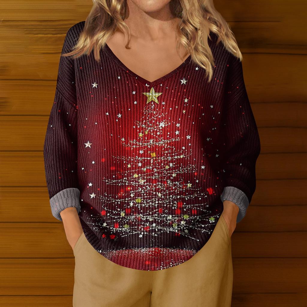Damenmode Lässig Langarm Weihnachts-Schneeflocken-Druck V-Ausschnitt Oberteil
